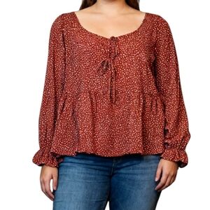 Ava & Viv Rust Red Smocked Peplum Long Sleeve Blouse